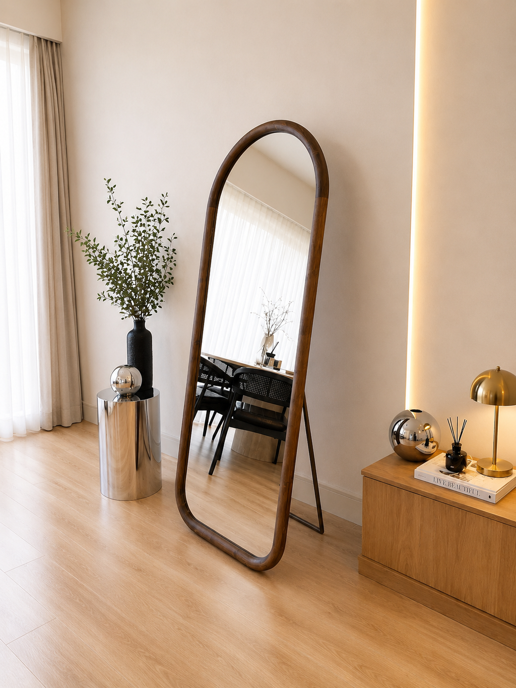 STANDSPIEGEL 180X70 CM MIT HOLZRAHMEN AUS KIEFERNHOLZ IN WALNUSS-OPTIK